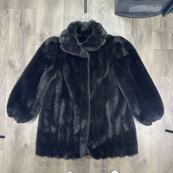 Vintage JORDACHE Faux Mink Fur Coat Jacket Black 9/10 (M-L) Mid Length Made USA - Picture 1 of 8